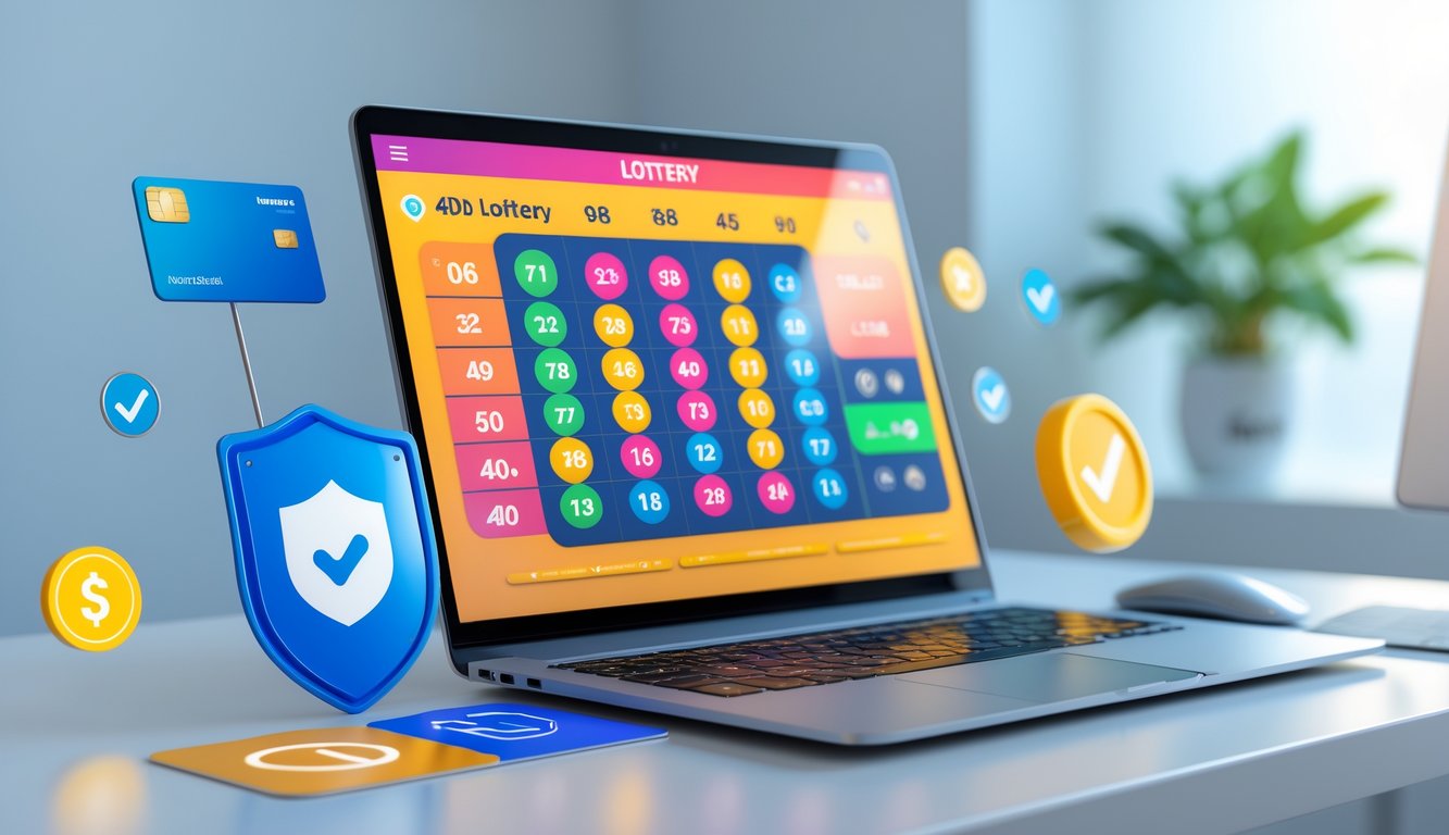 Sebuah laptop di atas meja menampilkan antarmuka permainan lotere online dengan ikon pembayaran cepat dan simbol keamanan di sekitarnya.