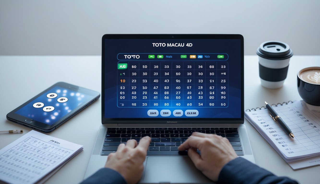 Seseorang bekerja dengan laptop dan catatan di meja, mempersiapkan prediksi angka untuk lotere online.