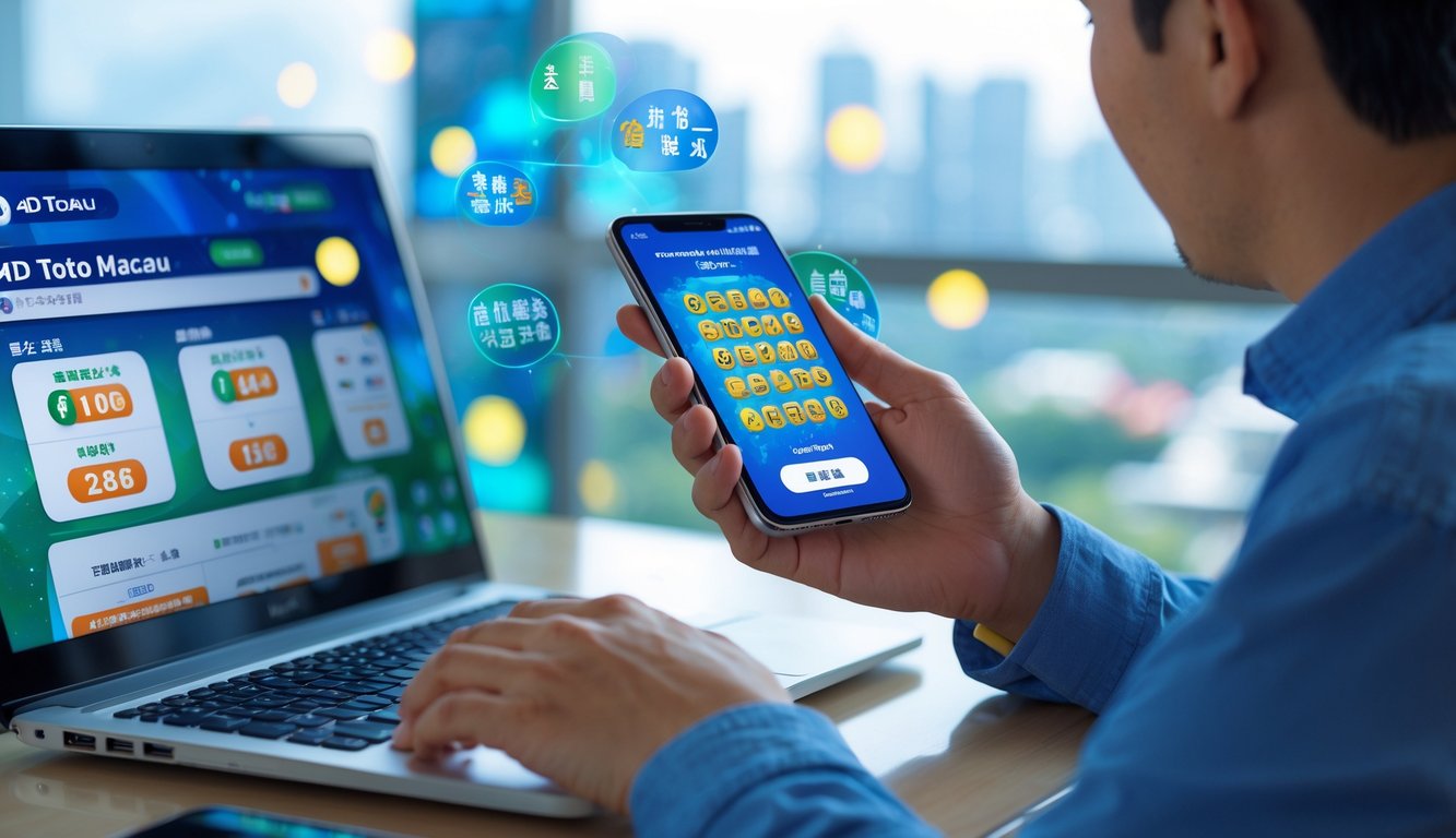 Seorang pria dewasa sedang menggunakan laptop dan ponsel untuk bermain lotere online dengan latar belakang samar pemandangan kota Macau.