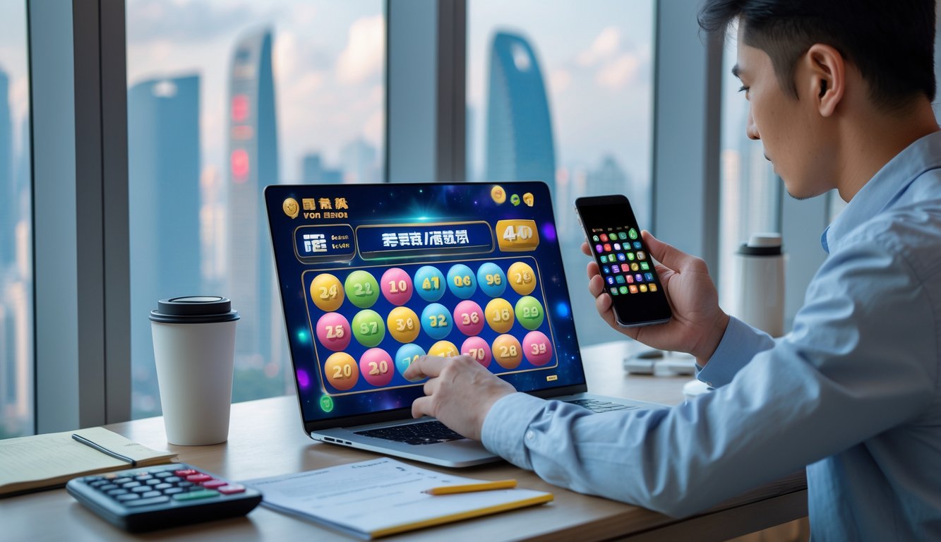 Seseorang sedang menggunakan laptop dan ponsel di meja kerja dengan latar kota Macau terlihat di jendela.