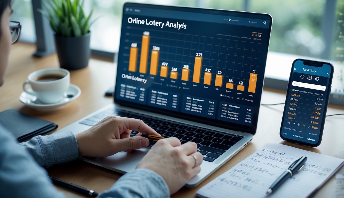 Meja kerja dengan laptop yang menampilkan grafik data hasil terbaru, tangan seseorang sedang menulis catatan, dan alat kerja lainnya.