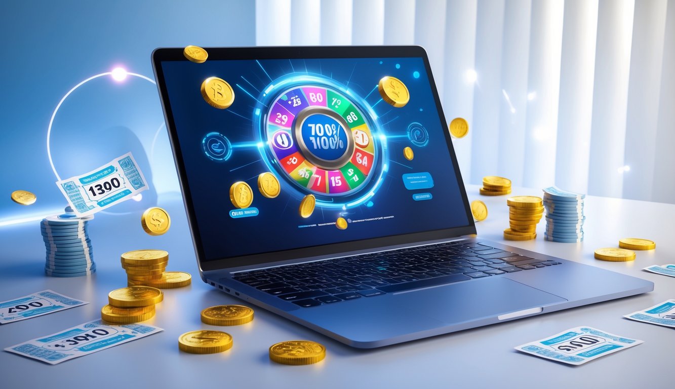 Meja kerja modern dengan laptop yang menampilkan platform lotere online dan elemen yang menunjukkan hadiah dan diskon.