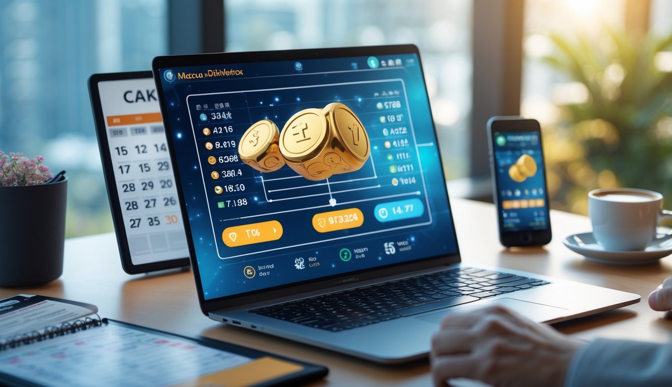 Seorang pengguna sedang melihat layar komputer dengan antarmuka digital yang menampilkan angka dan grafik terkait lotere online di meja kerja.