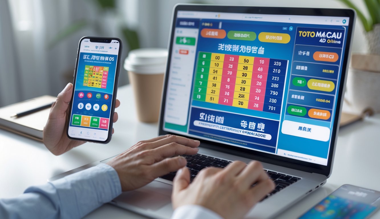 Seseorang menggunakan laptop dan ponsel untuk bermain togel online di meja kerja yang rapi.