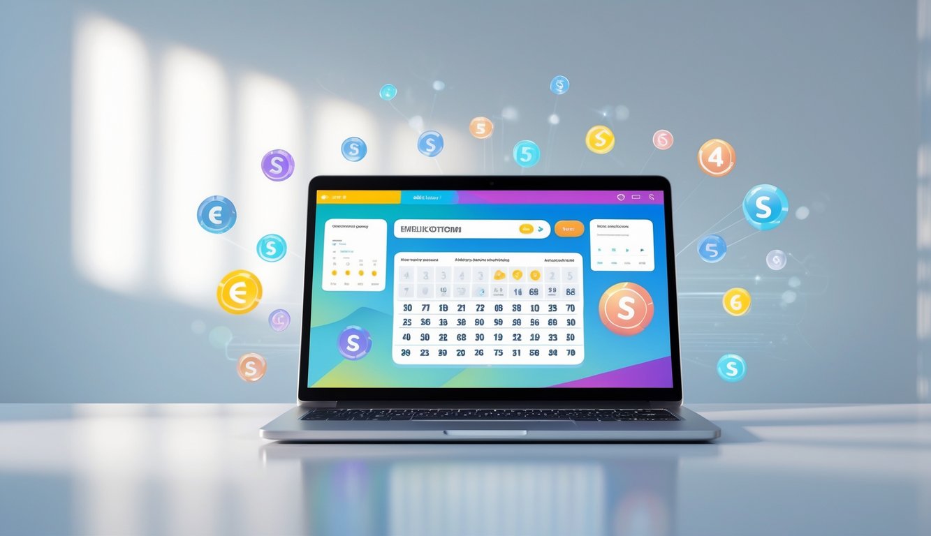 Seorang pengguna sedang melihat layar perangkat digital yang menampilkan antarmuka permainan lotere online dengan berbagai simbol pasar lotere yang lengkap.