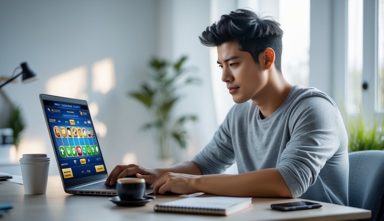 Seseorang muda menggunakan laptop di ruang kerja rumah yang terang dan rapi, menunjukkan aktivitas online yang mudah dan aman.