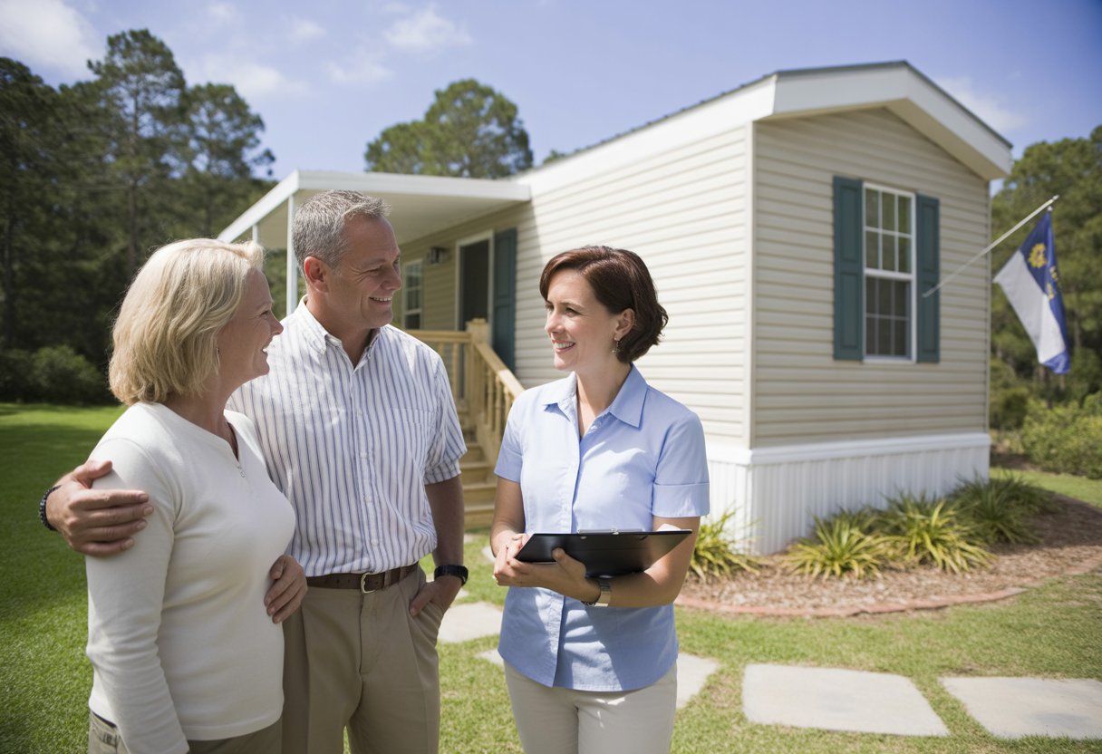 A real estate agent talking with a couple outside a mobile home on a sunny day with a South Carolina flag in the background.