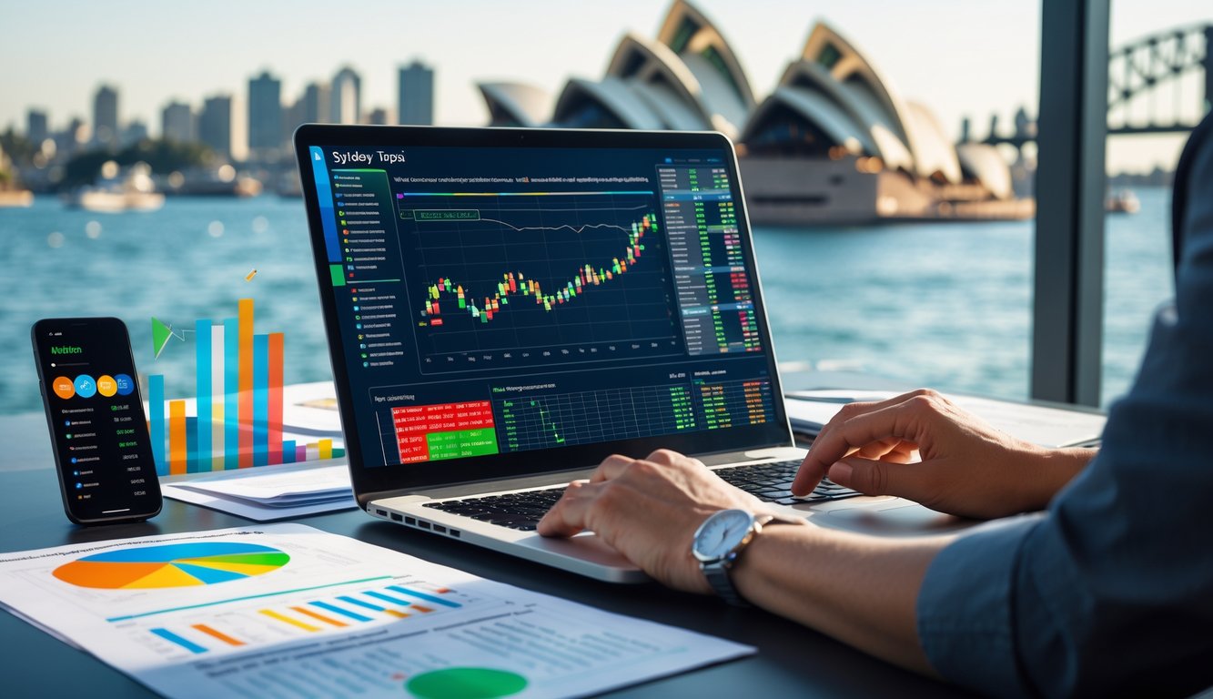 Seorang profesional sedang menganalisis data dan prediksi togel Sydney di laptop di ruang kerja modern dengan pemandangan kota Sydney di latar belakang.