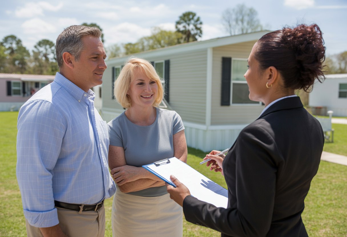 A couple talking with a real estate agent outside a mobile home on a sunny day.