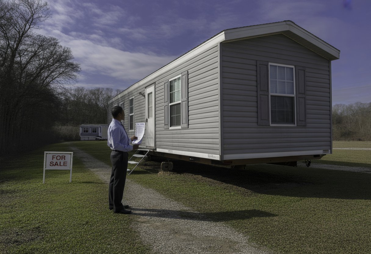 A person standing next to a mobile home on a grassy lot, holding paperwork and a pen, with a 'For Sale' sign nearby.