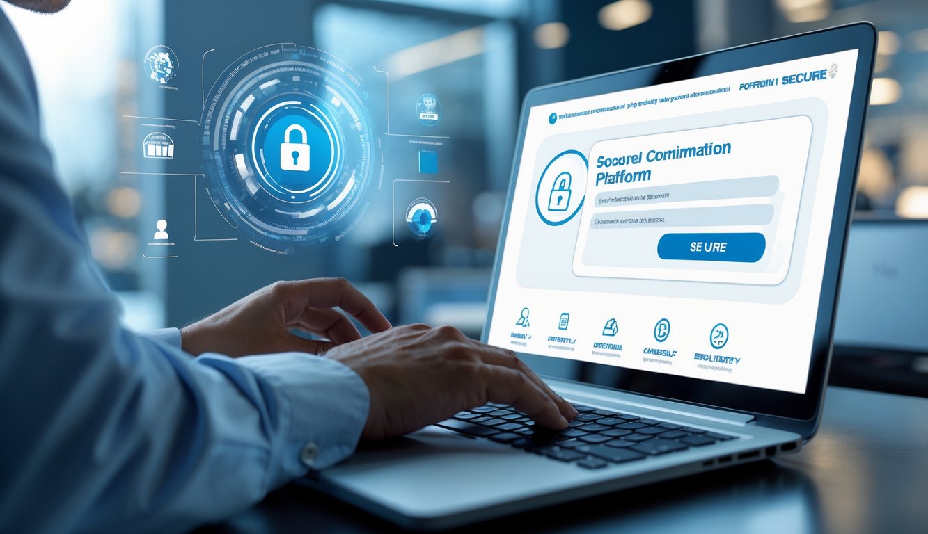 Seseorang menggunakan laptop atau ponsel dengan layar yang menampilkan konfirmasi pembayaran dalam suasana kantor modern.