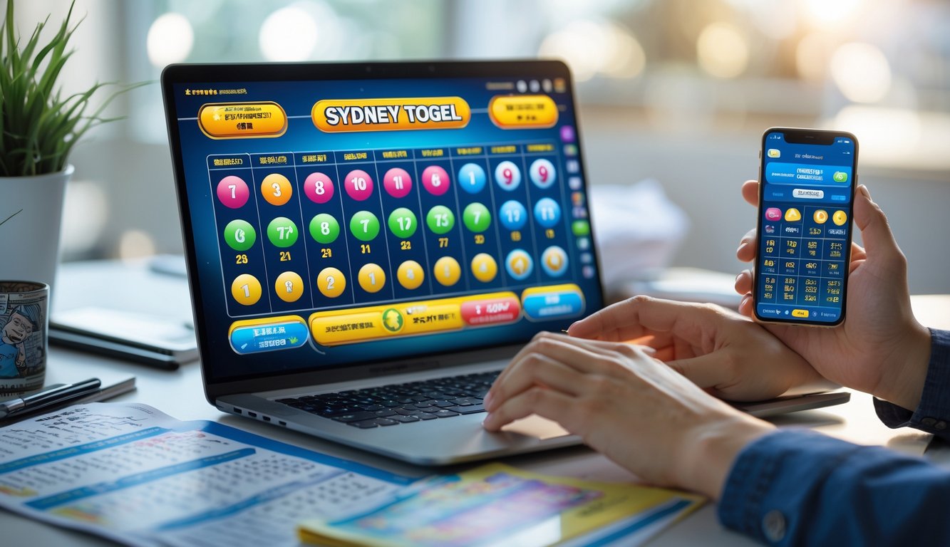Seseorang menggunakan laptop di meja kerja dengan layar menampilkan permainan togel online dan beberapa catatan serta ponsel di sekitarnya.