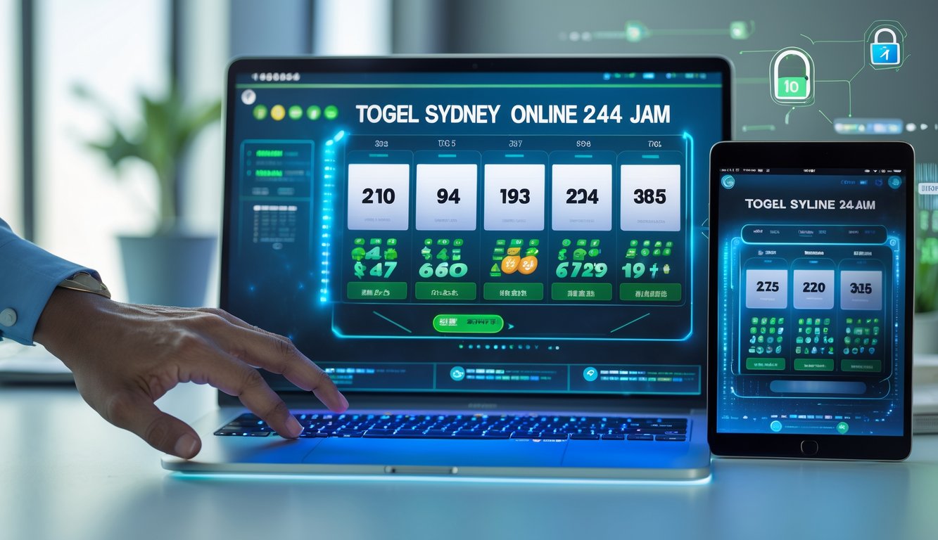 Seseorang menggunakan perangkat digital di ruang kerja modern dengan tampilan antarmuka lotere online yang aman dan cepat.