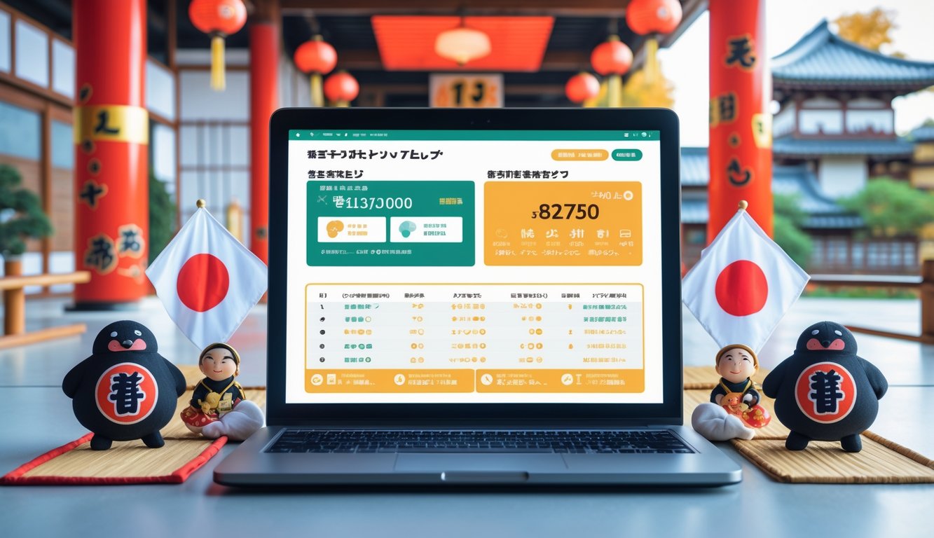 Meja kerja modern dengan laptop yang menampilkan antarmuka lotere digital dan elemen budaya Jepang di sekitarnya.