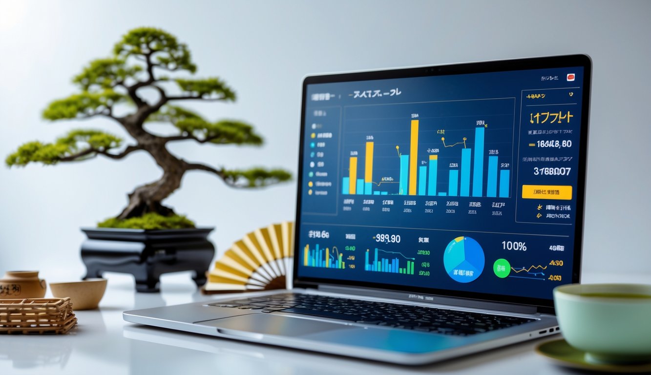 Sebuah laptop di meja dengan tampilan data akurat lotre Jepang, dikelilingi oleh elemen budaya Jepang seperti bonsai dan cangkir teh hijau.
