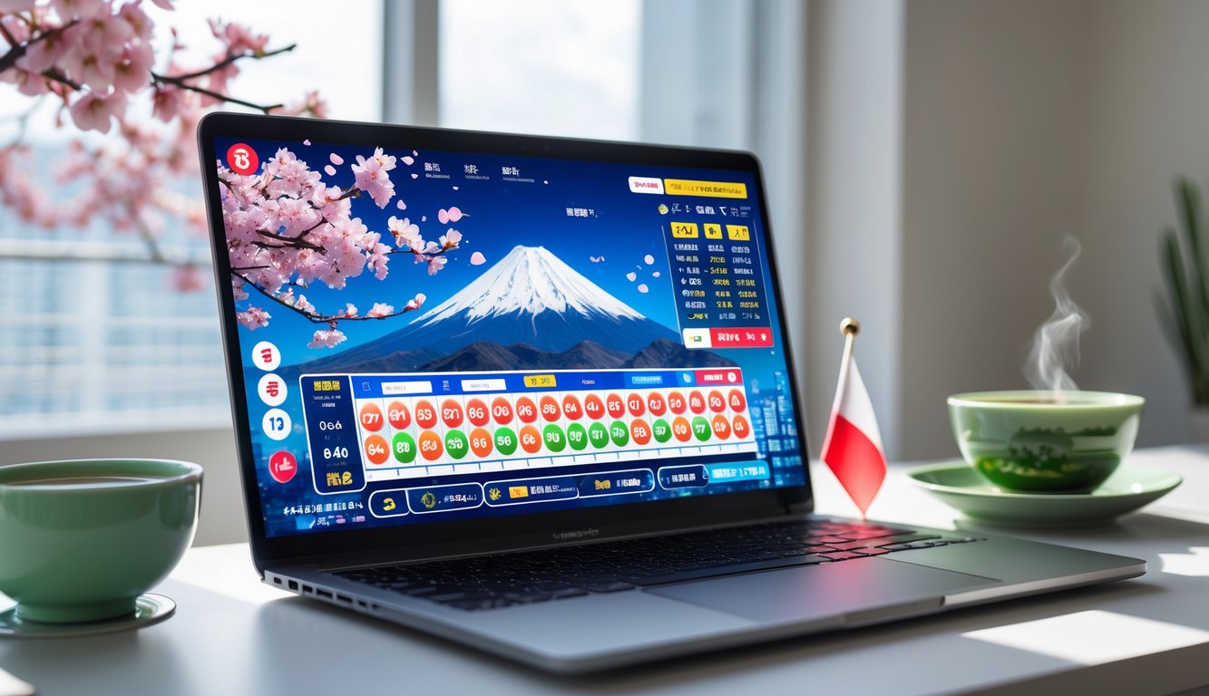 Seorang pengguna melihat layar perangkat digital dengan tampilan platform togel Jepang online yang menampilkan angka dan grafik di meja kerja yang rapi.