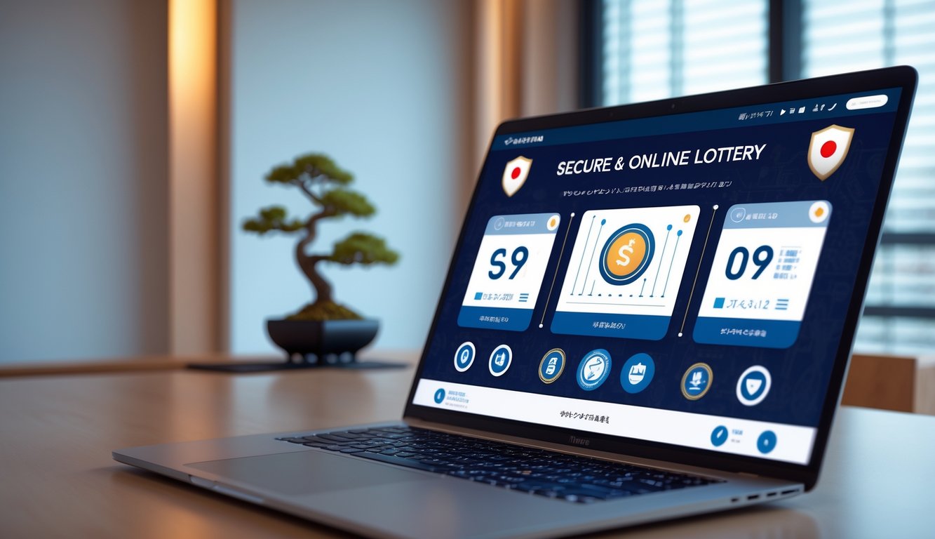 Sebuah ruang kerja modern dengan laptop yang menampilkan antarmuka situs lotere online yang aman dan adil, dengan elemen dekorasi Jepang seperti tanaman bonsai kecil.