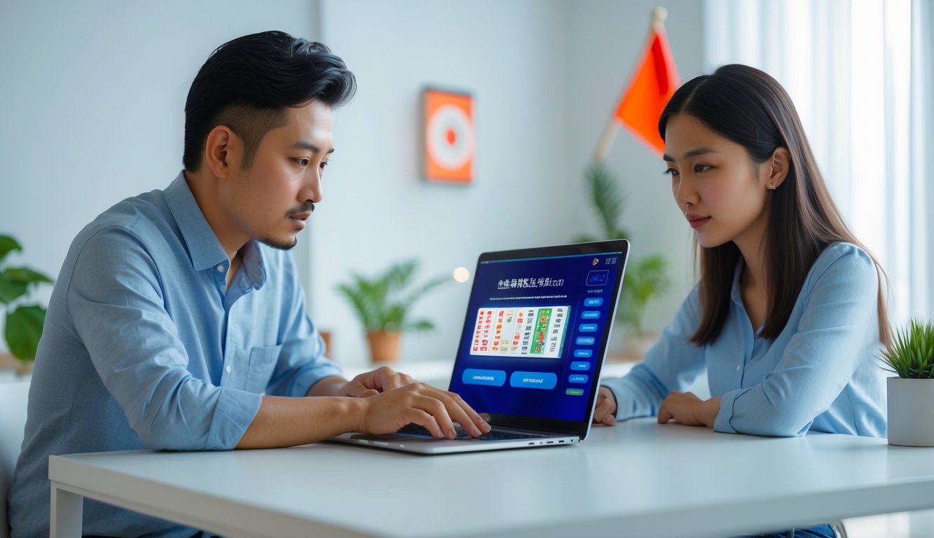 Seorang pria dan wanita Indonesia duduk di meja modern sambil melihat layar laptop dengan serius, di ruangan terang dengan dekorasi kecil bertema Jepang.