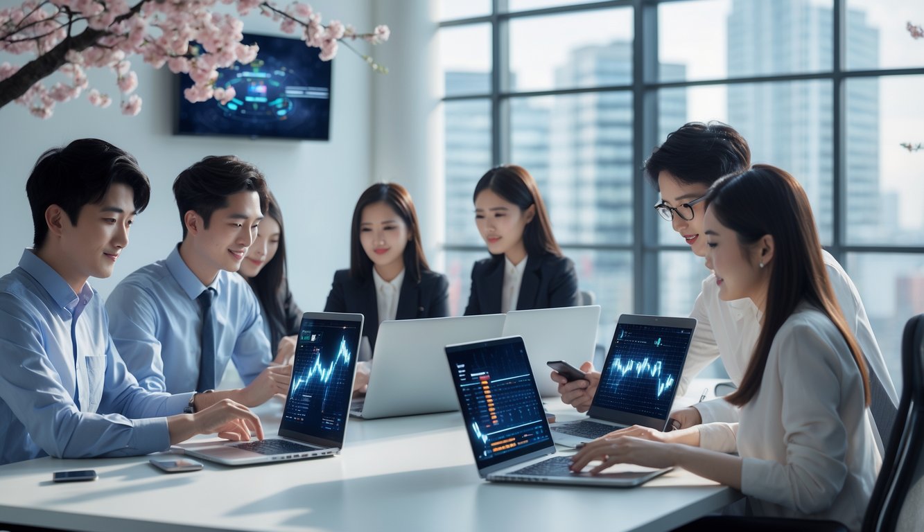 Sejumlah orang muda menggunakan laptop dan ponsel di kantor modern dengan pemandangan kota Jepang di latar belakang.