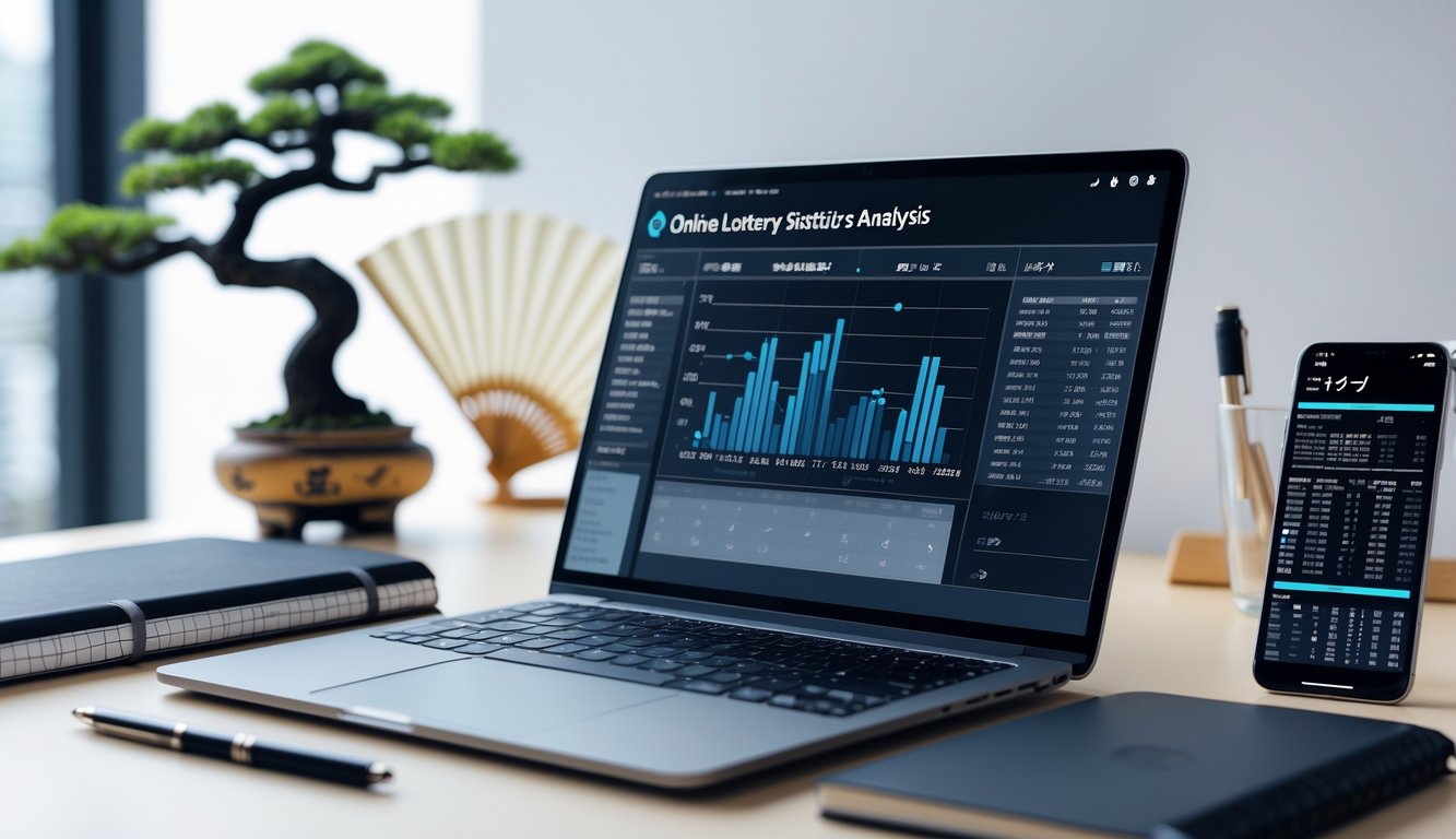 Sebuah ruang kerja modern dengan laptop menampilkan grafik statistik lotere Jepang, dikelilingi oleh alat tulis dan ponsel, dengan elemen budaya Jepang di latar belakang.