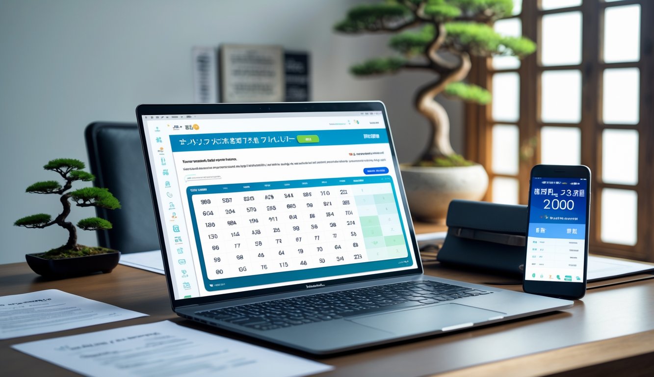 Sebuah meja kerja modern dengan laptop, dokumen, dan ponsel yang menampilkan hasil dan prediksi togel Jepang secara online.