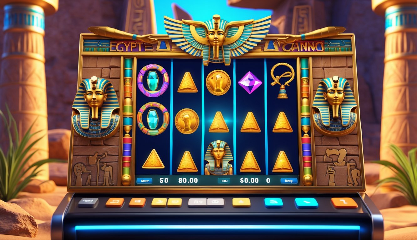 Tampilan layar mesin slot online bertema Mesir kuno dengan simbol-simbol seperti scarab emas, firaun, dan piramida, menampilkan jackpot yang menarik.