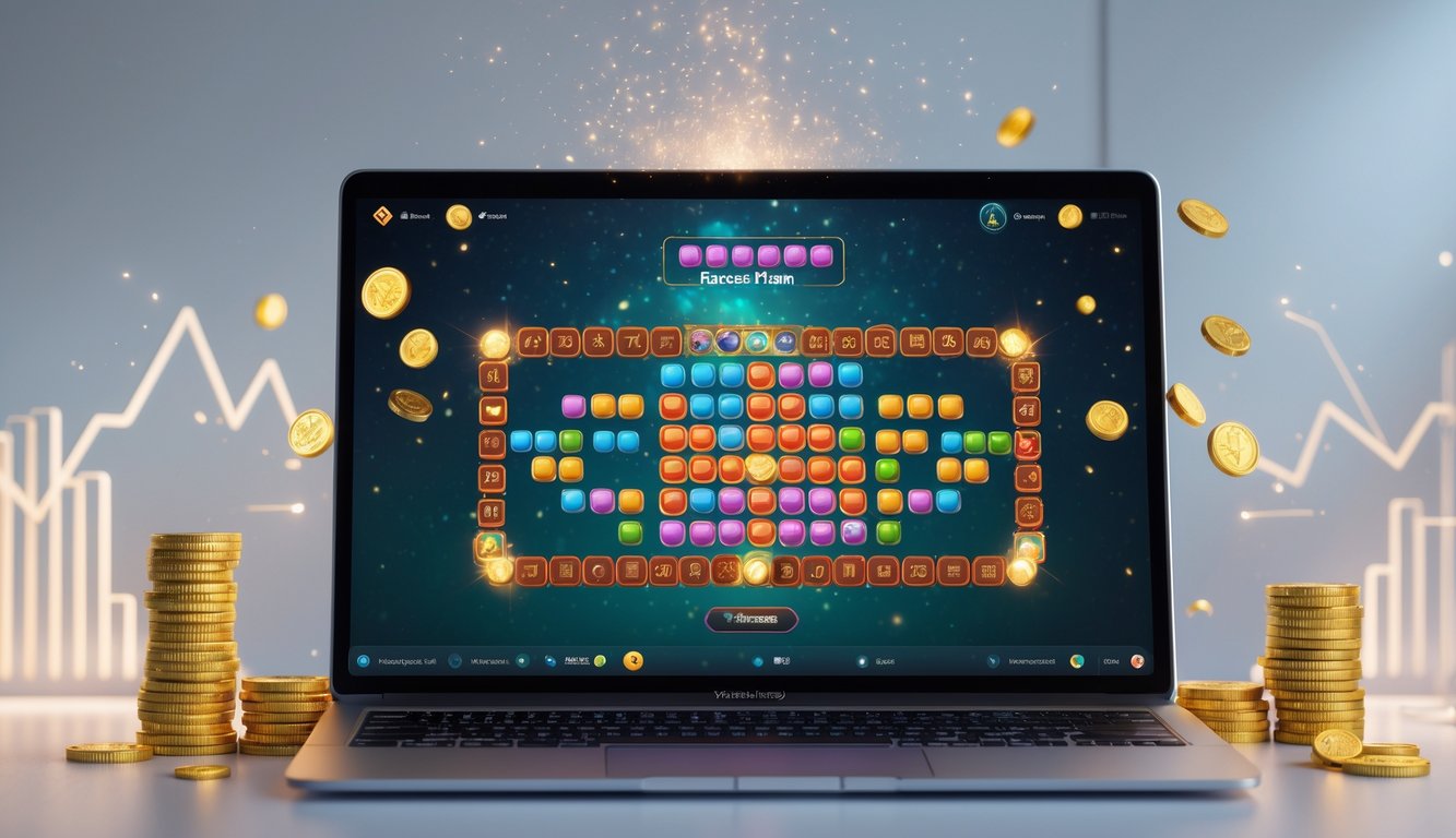 Sebuah setup komputer modern menampilkan permainan Mahjong Scatter Hitam dengan koin emas dan grafik naik di latar belakang.