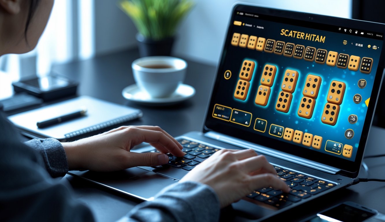 Seseorang sedang fokus bermain Mahjong online di laptop dengan tampilan permainan bertema hitam di ruang kerja yang rapi.