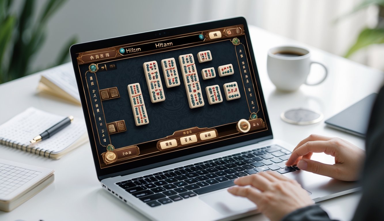 Seorang pengguna bermain permainan mahjong online di laptop dengan latar belakang gelap, di atas meja yang rapi dengan cahaya alami.