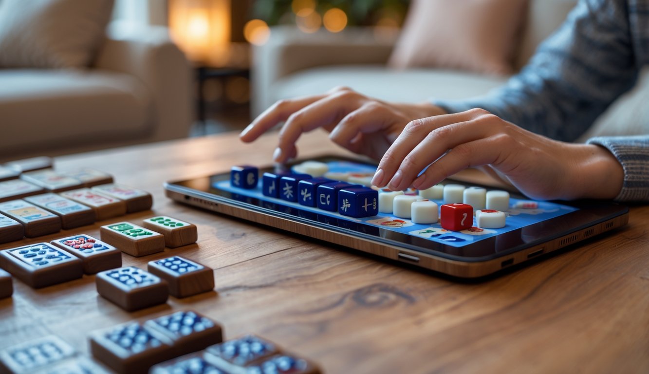 Tangan seseorang sedang bermain mahjong online di tablet dengan ubin mahjong tradisional di atas meja kayu.
