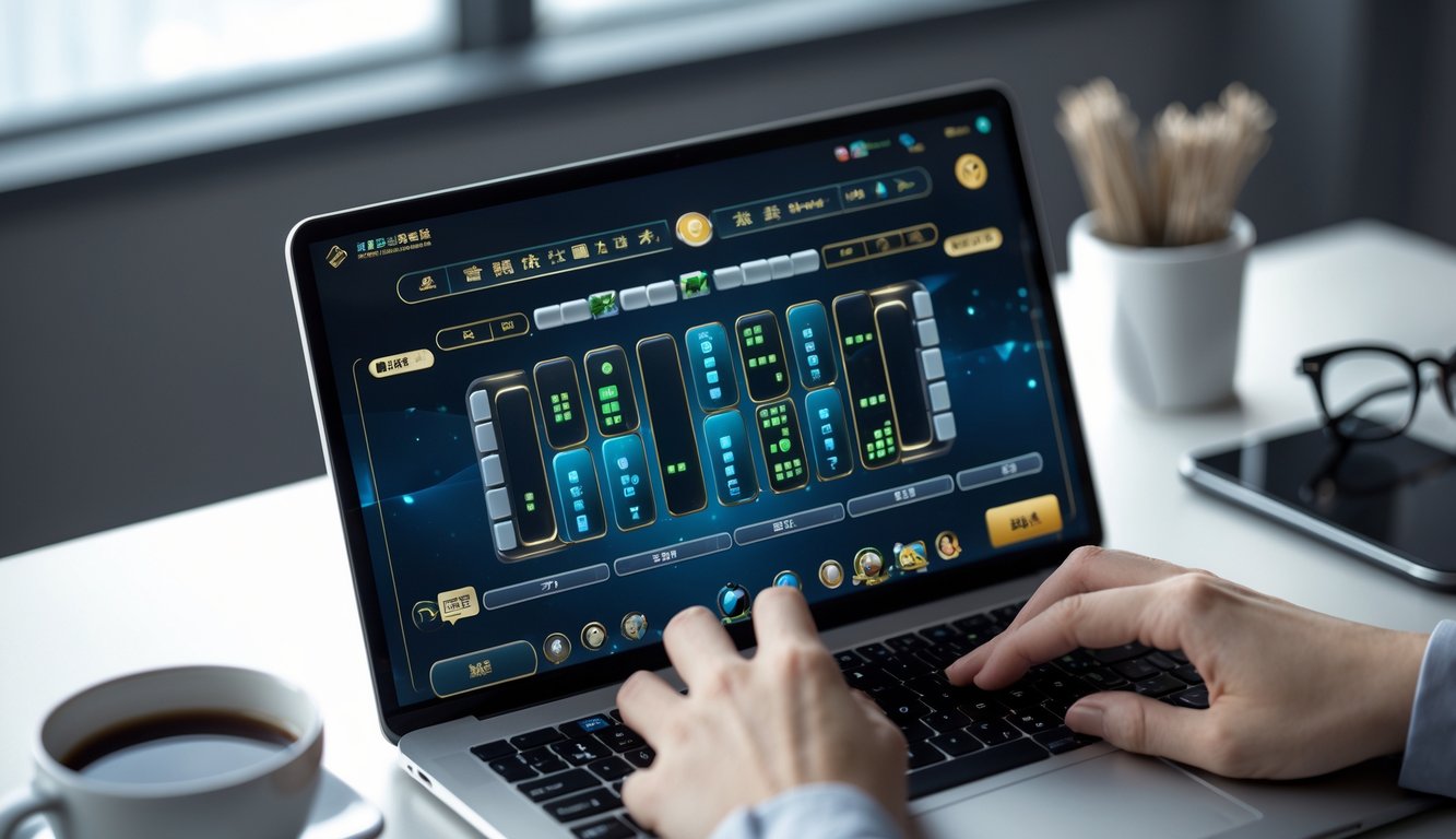 Seseorang bermain permainan mahjong online pada layar tablet dengan latar belakang meja kerja yang rapi.