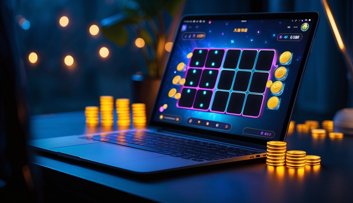 Seorang pemain menggunakan laptop dengan permainan Mahjong online menampilkan ubin hitam di layar dalam suasana malam yang hangat dan nyaman.