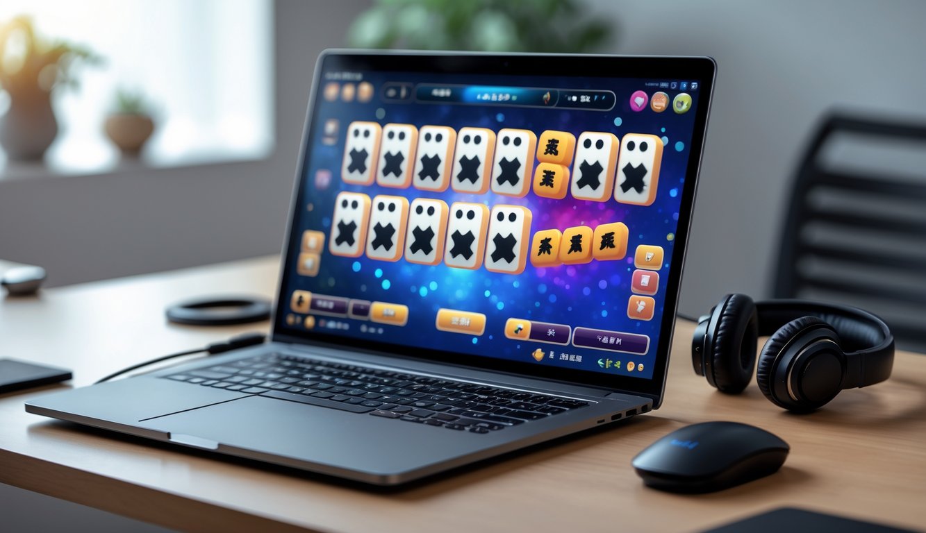 Meja kerja dengan laptop yang menampilkan permainan Mahjong online dengan ubin hitam, dilengkapi aksesori game seperti mouse dan headphone.