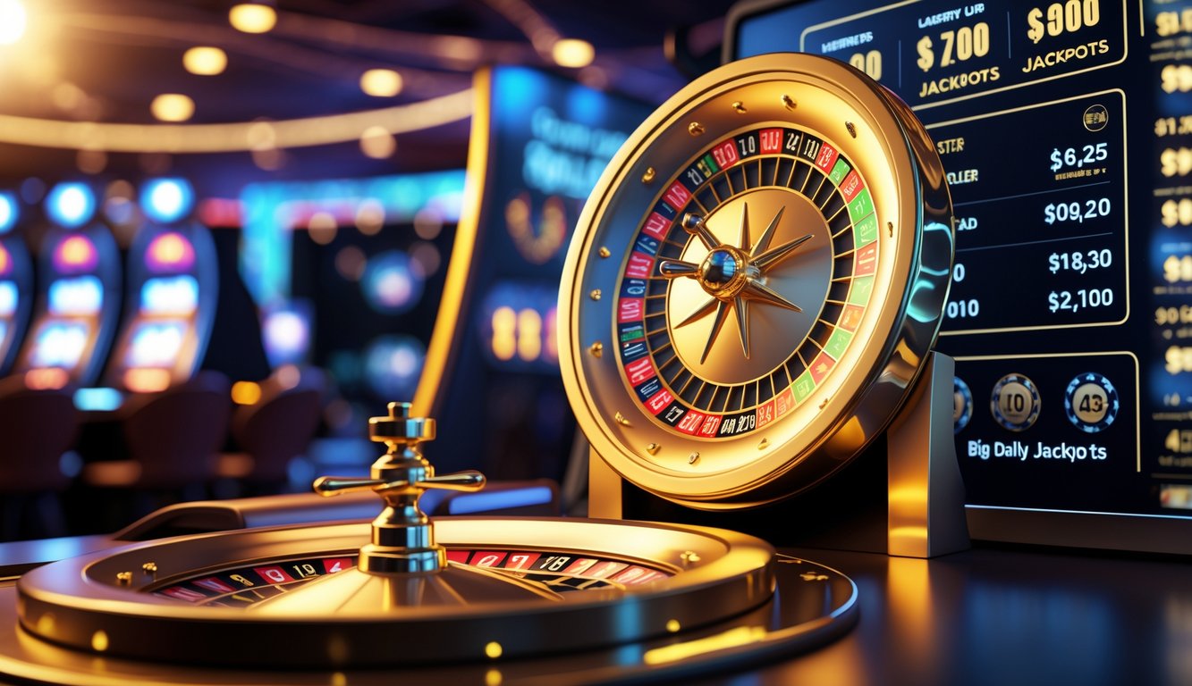 Meja roulette emas dengan roda roulette yang berkilau dan antarmuka digital modern di latar belakang kasino yang hidup.