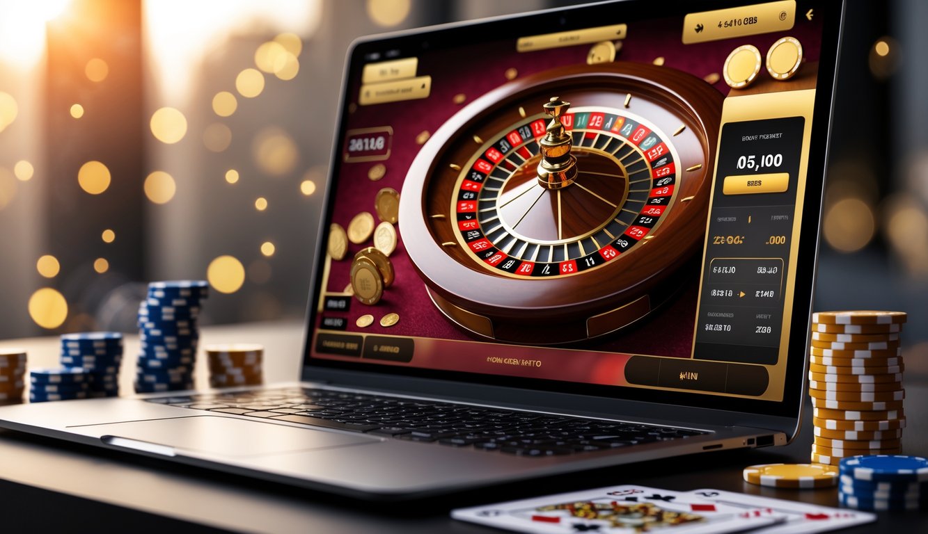 Layar laptop menampilkan permainan roulette online dengan roda roulette berwarna emas dan merah, dikelilingi oleh chip poker dan kartu remi.