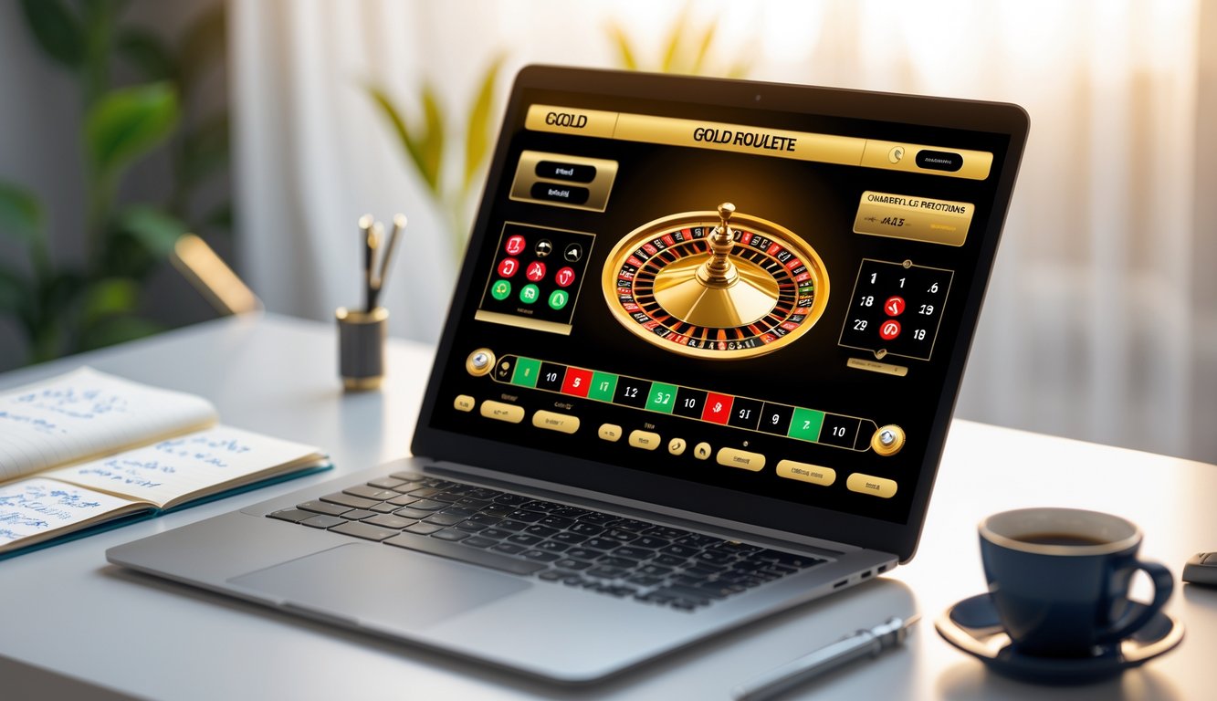Meja kerja dengan laptop menampilkan permainan roulette emas online, dilengkapi dengan buku catatan dan kopi.