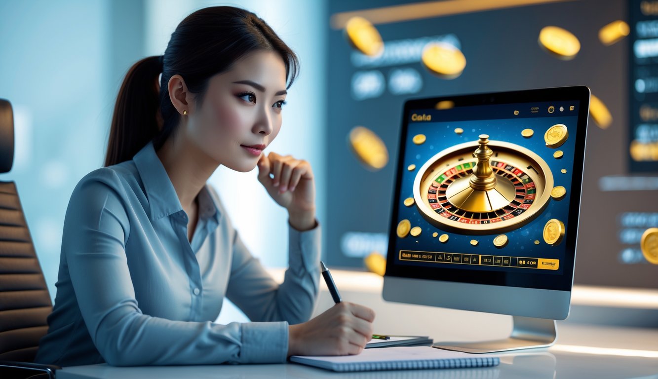 Seorang wanita muda duduk di depan laptop, fokus bermain roulette online dengan suasana profesional dan elemen emas di latar belakang.