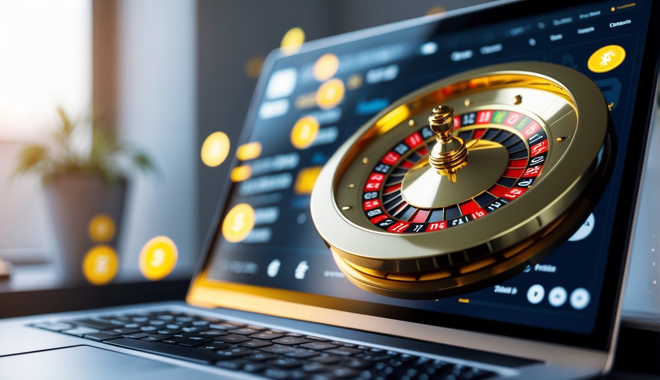 Layar laptop menampilkan permainan roulette online dengan roda roulette berwarna emas yang sedang berputar, dikelilingi ikon pembayaran digital.