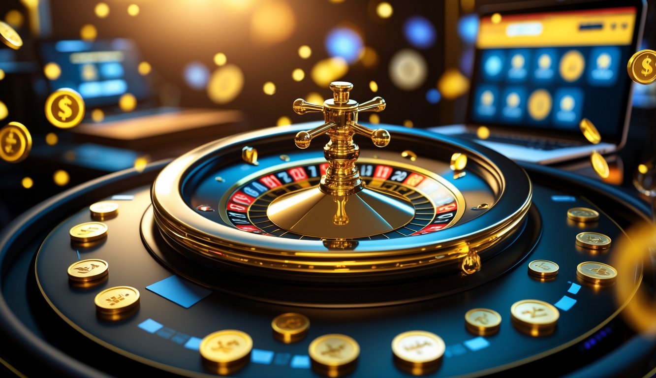 Meja roulette emas yang berkilau dengan latar belakang perangkat digital yang menampilkan permainan kasino online.