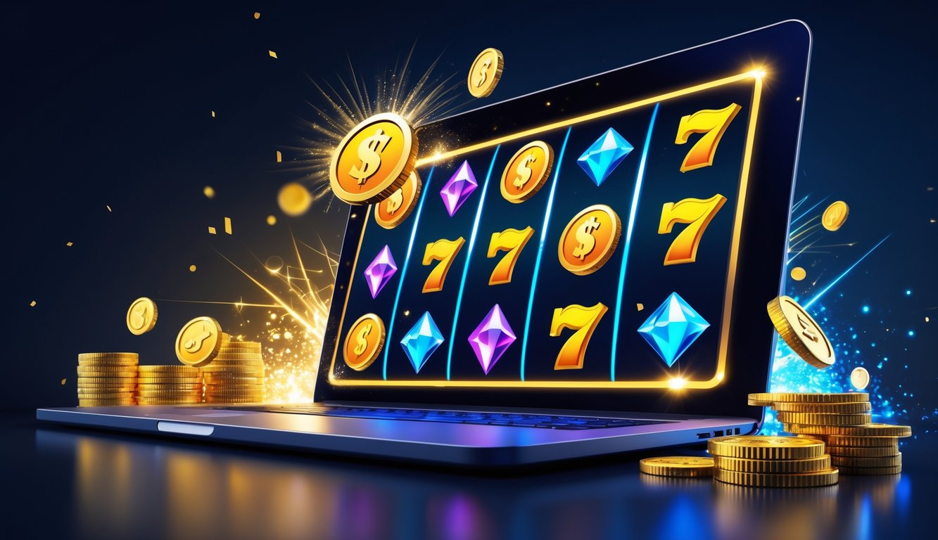 Layar komputer menampilkan permainan mesin slot dengan simbol koin emas dan angka tujuh keberuntungan, dikelilingi efek cahaya berkilau yang menunjukkan suasana kemenangan besar.