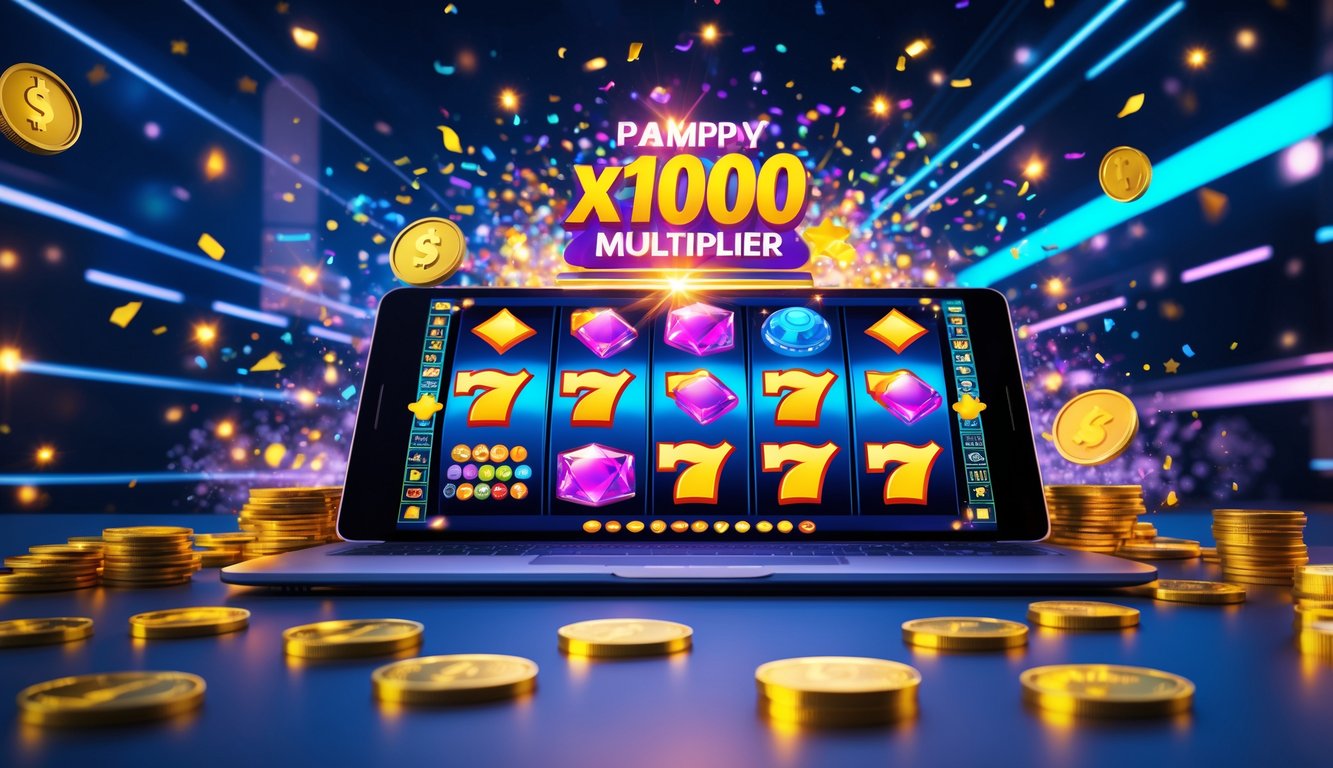 Seorang pemain sedang merayakan kemenangan besar dalam permainan slot online dengan koin emas dan efek cahaya di sekitar perangkat digital.