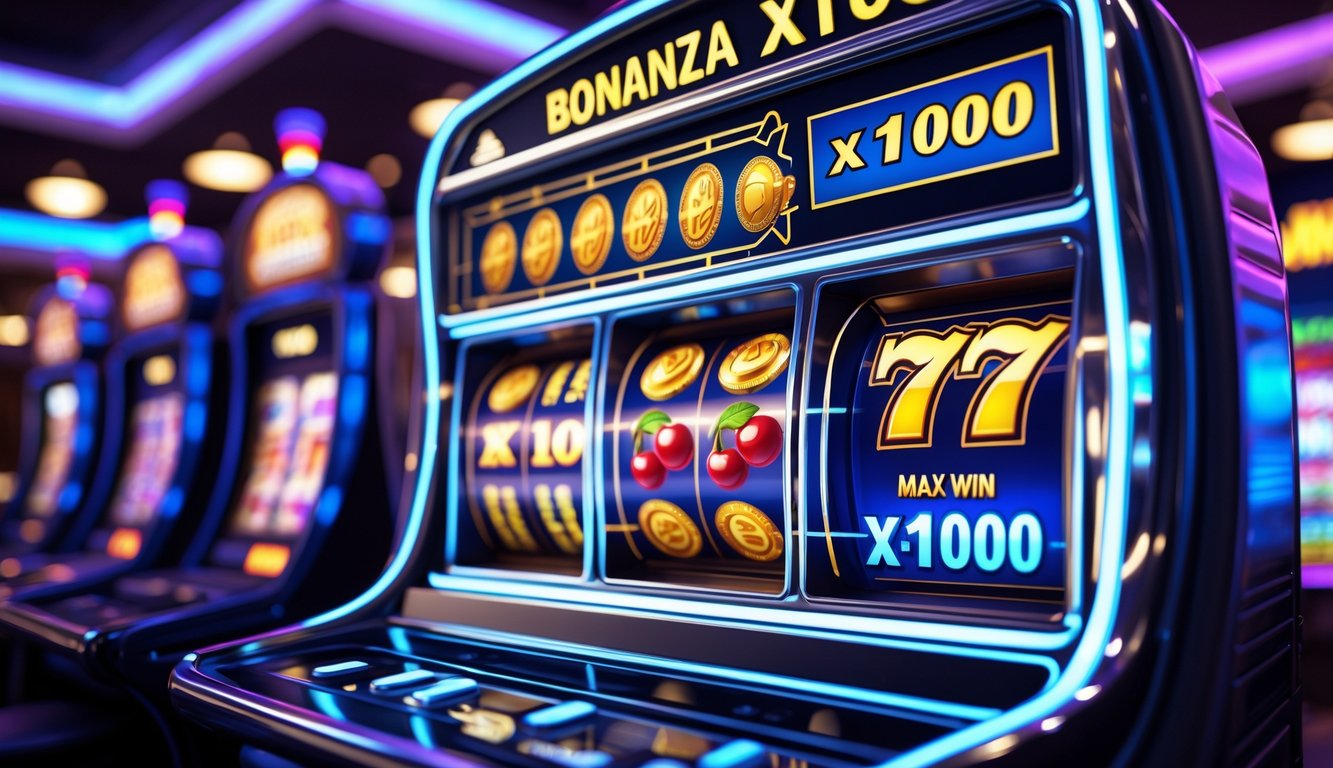 Layar mesin slot online dengan simbol warna-warni dan latar kasino modern yang menyala.