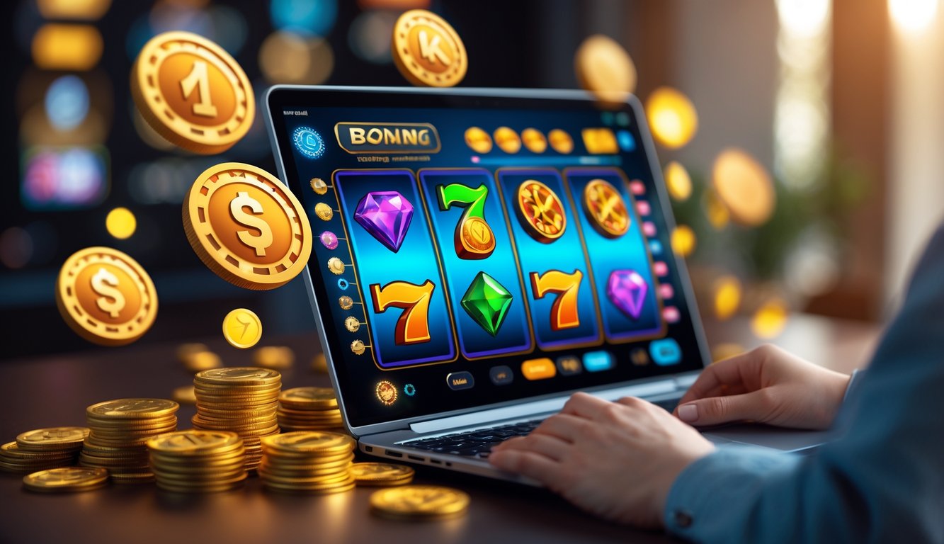 Orang menggunakan komputer dengan tampilan mesin slot berwarna-warni dan koin berkilau di sekitarnya.