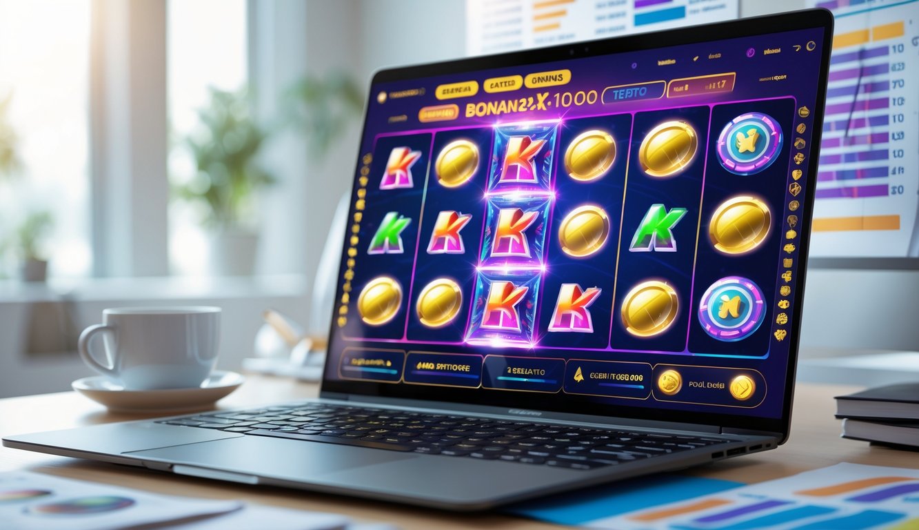Sebuah ruang kerja modern dengan laptop yang menampilkan permainan slot online berwarna cerah, dikelilingi catatan dan grafik strategi kemenangan terbaru.
