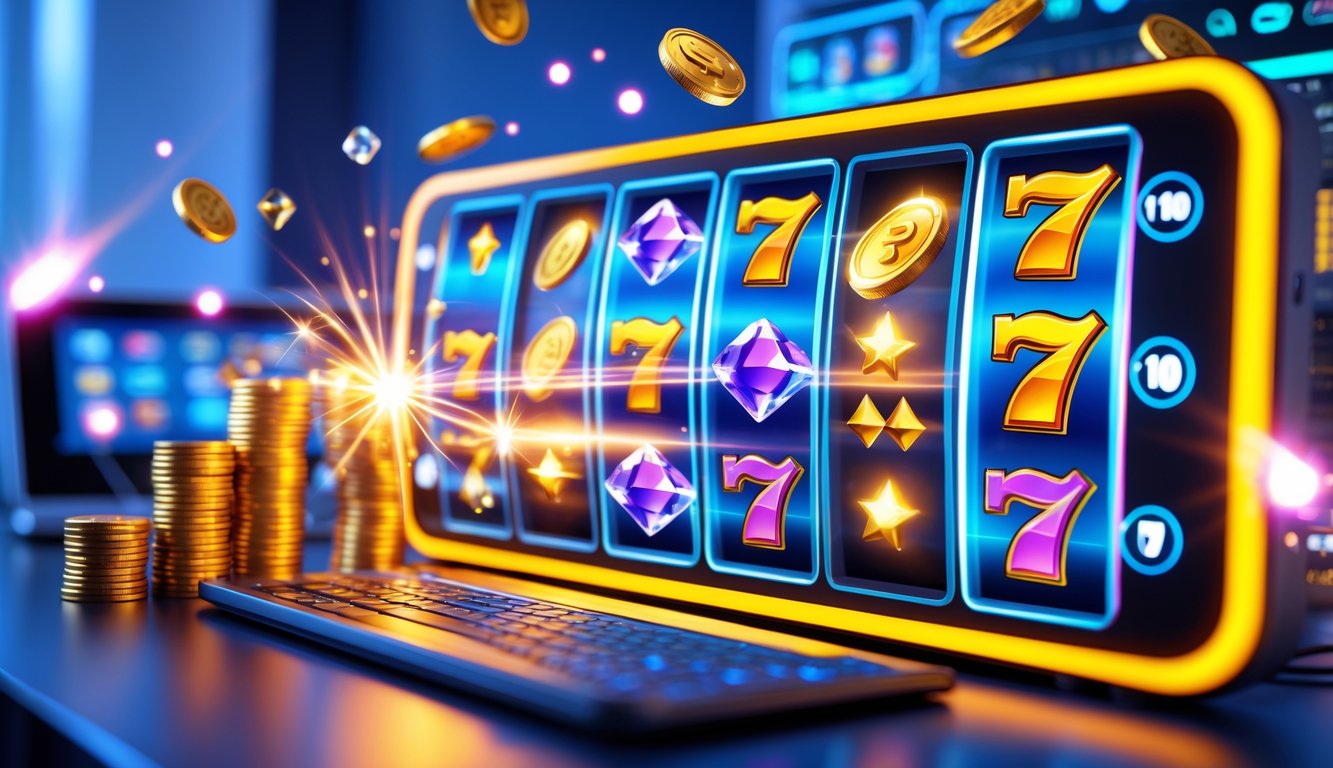 Antarmuka mesin slot digital yang berwarna-warni dengan simbol koin emas dan permata, menampilkan suasana permainan online yang penuh semangat dan kemenangan besar.