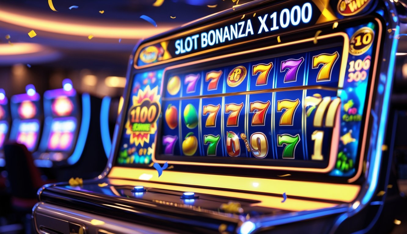 Layar mesin slot online yang menampilkan gulungan berwarna-warni dengan simbol klasik dan suasana kasino yang gelap dan terang.