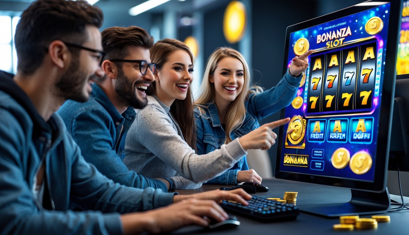 Beberapa orang bermain mesin slot online di depan komputer dengan ekspresi senang dan fokus.