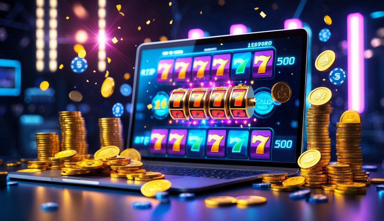 Layar komputer menampilkan permainan slot online dengan koin emas dan tumpukan chip kasino di sekitarnya.