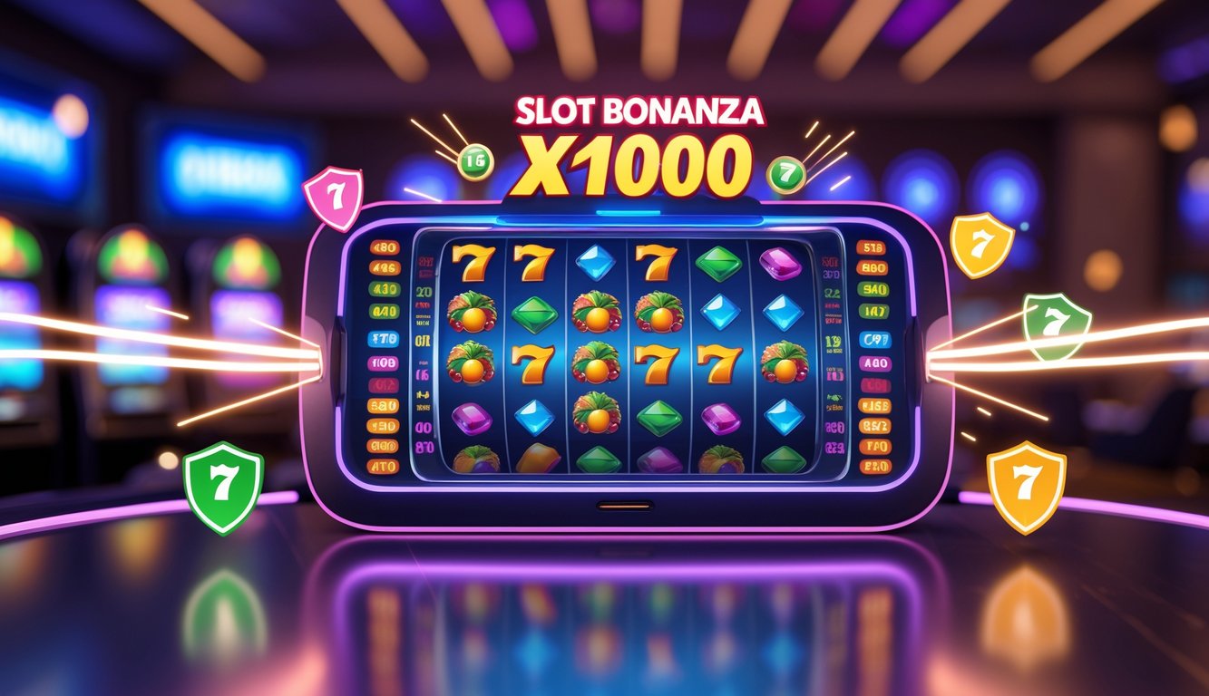 Layar perangkat menampilkan permainan mesin slot online dengan simbol warna-warni, dikelilingi ikon keamanan dan efek cahaya yang menunjukkan kemenangan cepat dan aman.