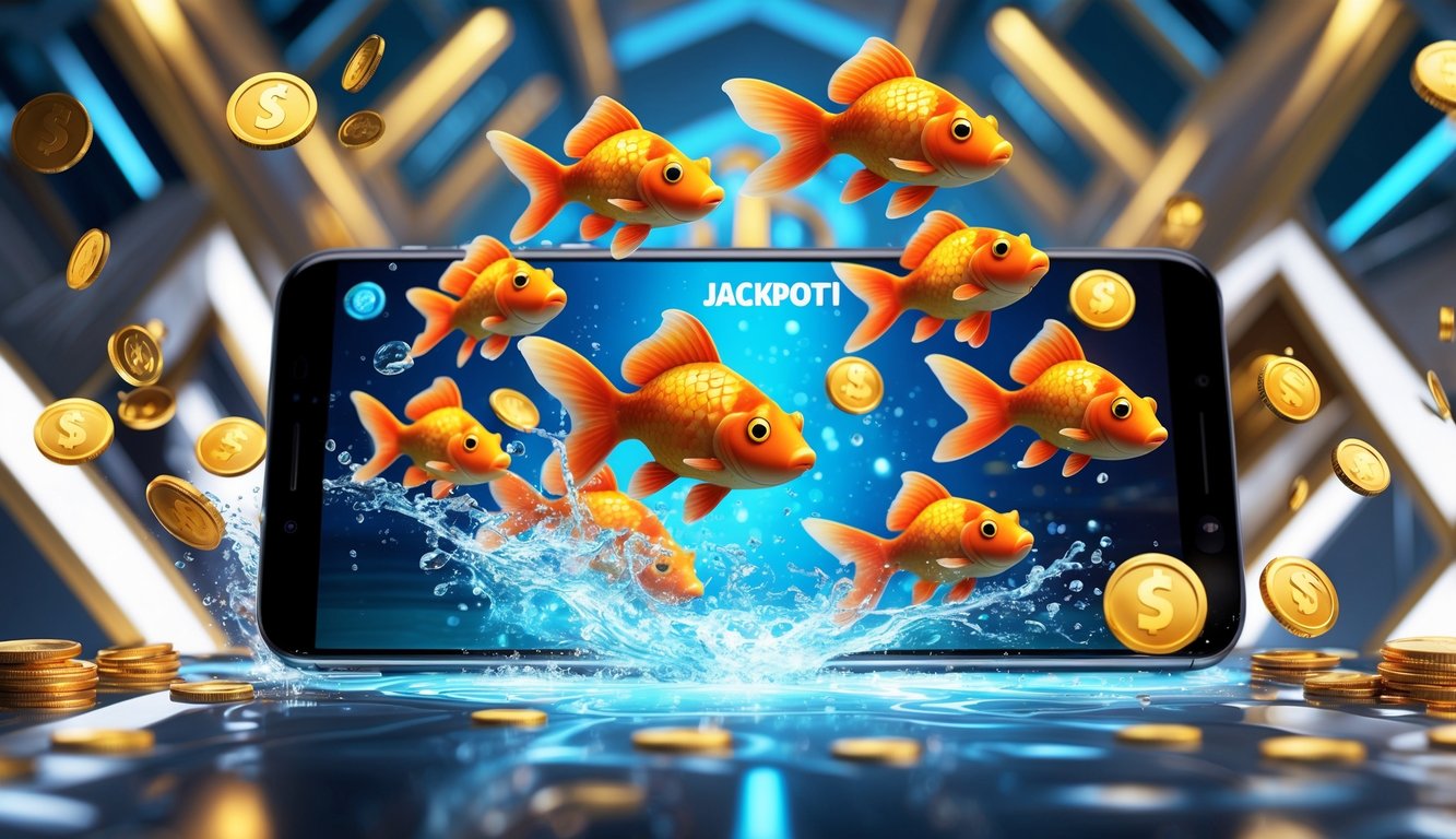 Layar perangkat digital menampilkan permainan ikan mas online dengan ikan berwarna cerah dan ikon jackpot yang bersinar.
